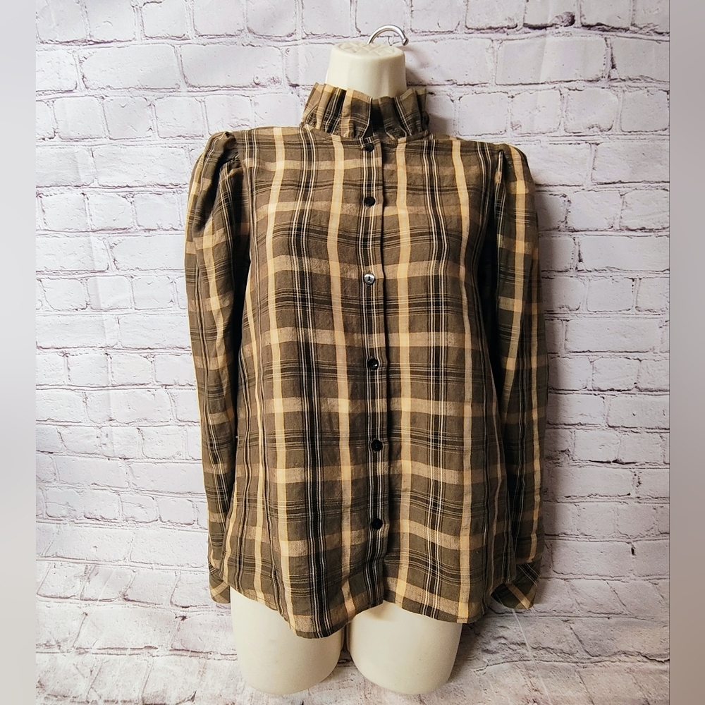 Les Coyotes de Paris Linen Blend  Plaid Tan Romantic Blouse Puff Sleeve 36
